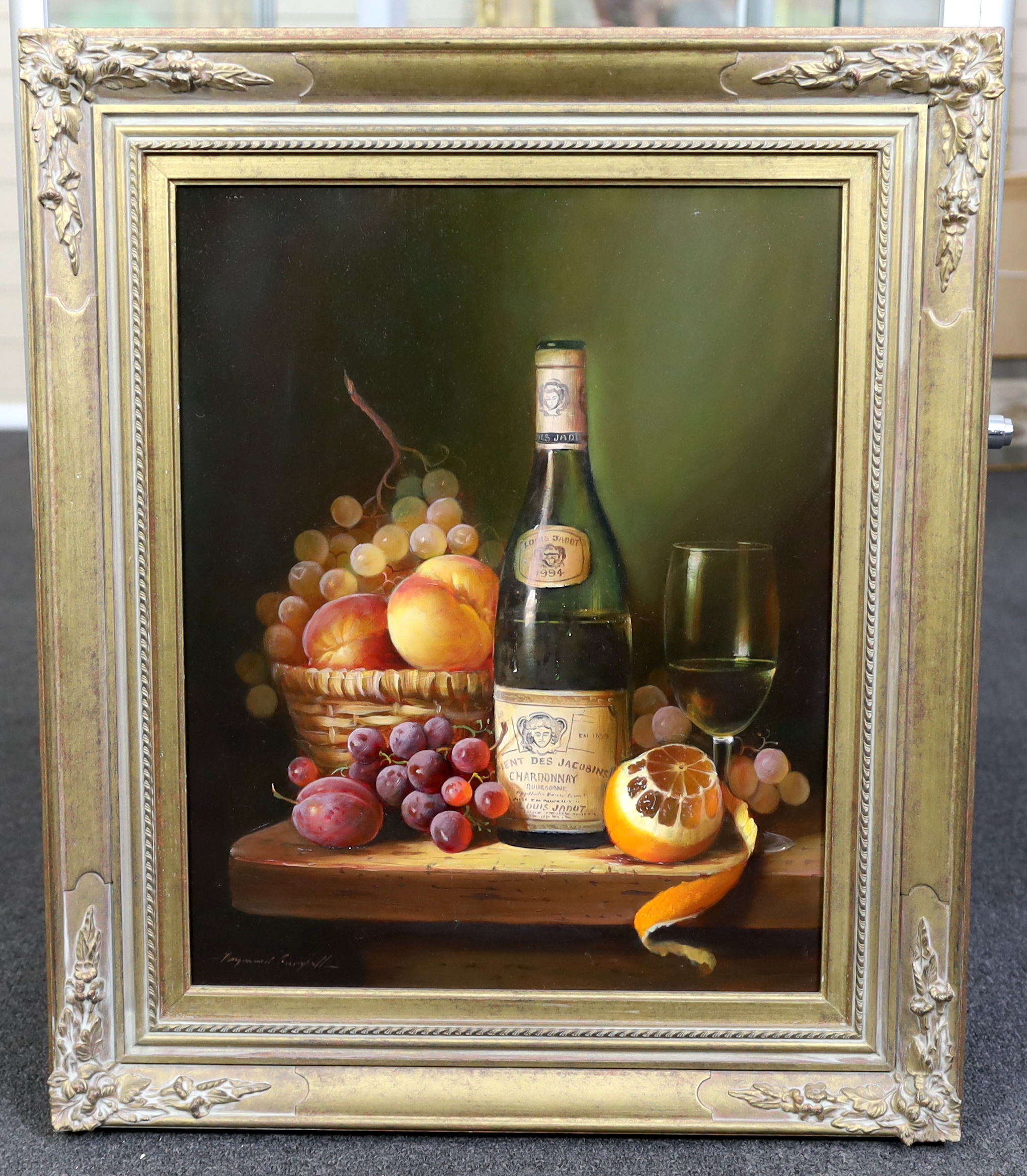 Raymond Campbell (English, b.1956), 'Louis Jabot 1994 Chardonnay', oil on panel, 50 x 40cm